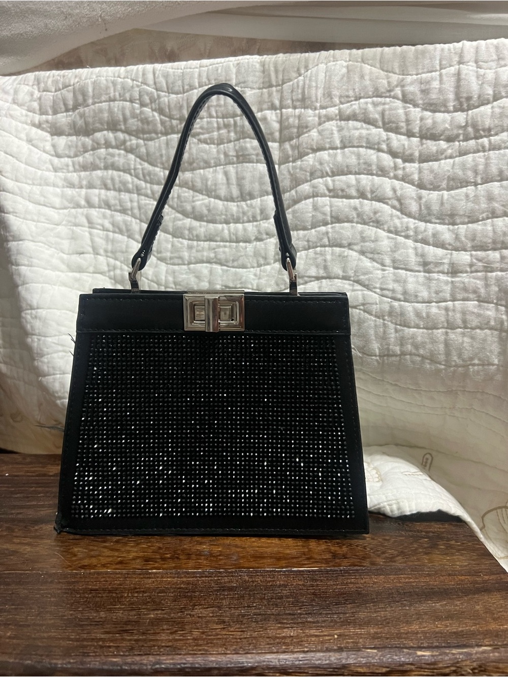 Black Crystal-Embellished Top-Handle Women's Bag